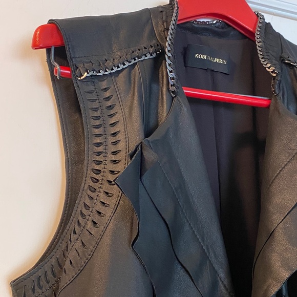 Kobi Halperin 💯Genuine Leather Black Silver Chain Full Zip Ruffled Vest - Picture 16 of 16